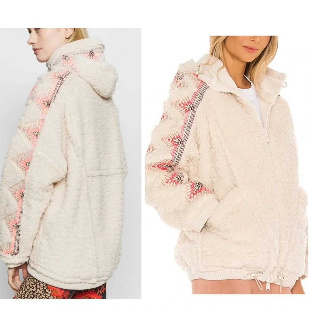 Free People Lodge Livin Sherpa Plush Fleece Soft Oversized Embroidered Jacket ML - Picture 1 of 11